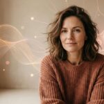 start Frau mit Angst in den Wechseljahren – Portrait vor grafischem Linienmotiv