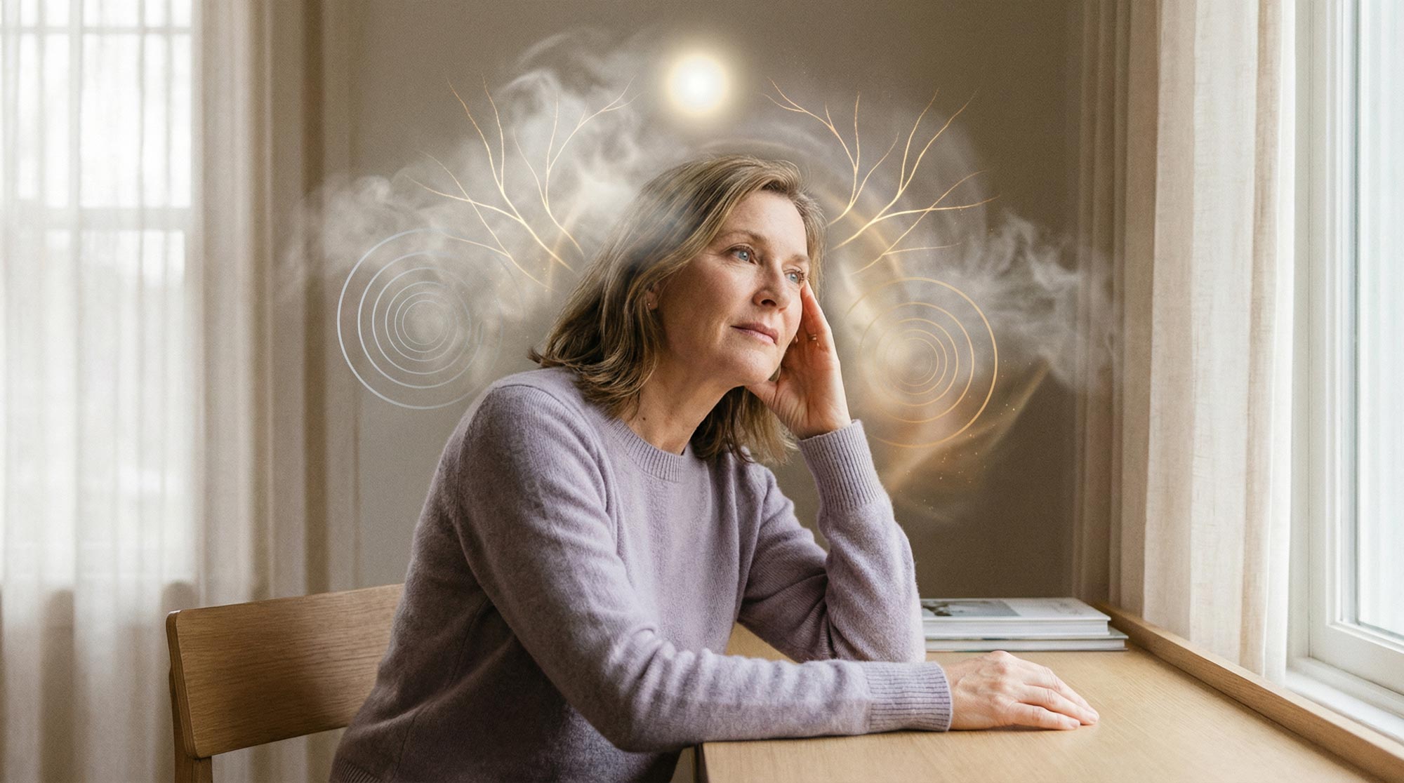 Frau stützt nachdenklich den Kopf – Brain Fog und Konzentrationsprobleme in den Wechseljahren