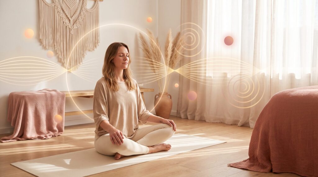 Frau um 50 sitzt mit geschlossenen Augen im Schneidersitz auf einer Yogamatte – Entspannungstechniken in den Wechseljahren