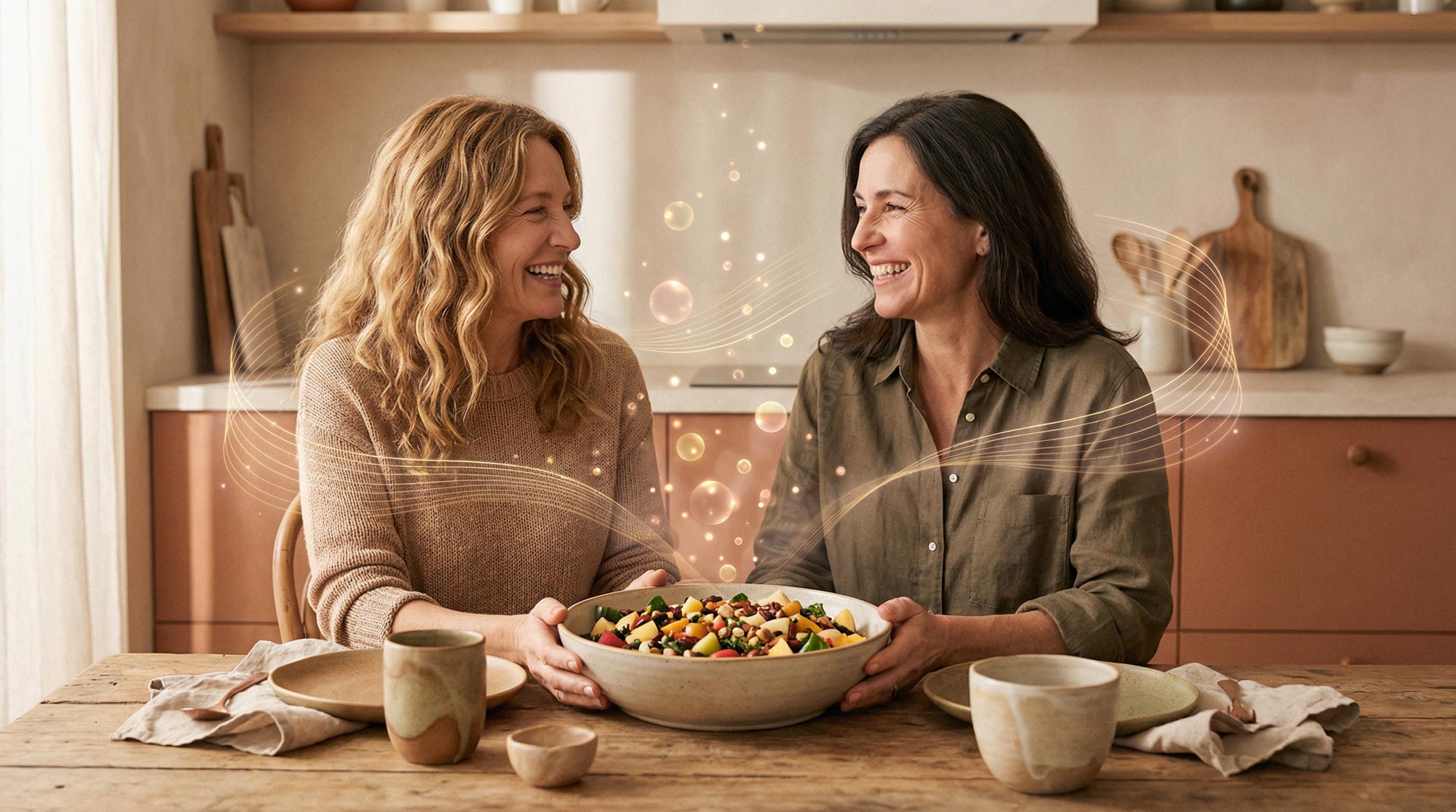 start Zwei Frauen teilen eine gesunde Mahlzeit – bewusste Ernährung in den Wechseljahren