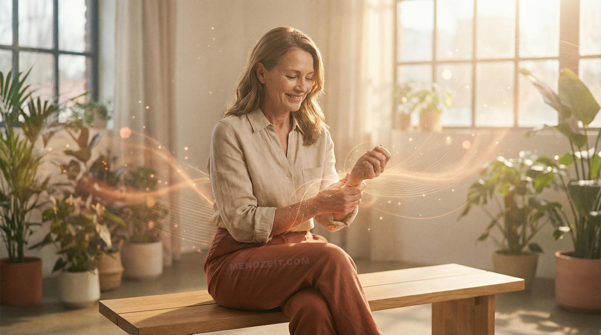 start Frau hält ihr Handgelenk – Gelenkschmerzen in den Wechseljahren verstehen und behandeln