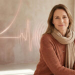 start Frau mit Herzrasen in den Wechseljahren sitzt ruhig vor grafischem Linienmotiv