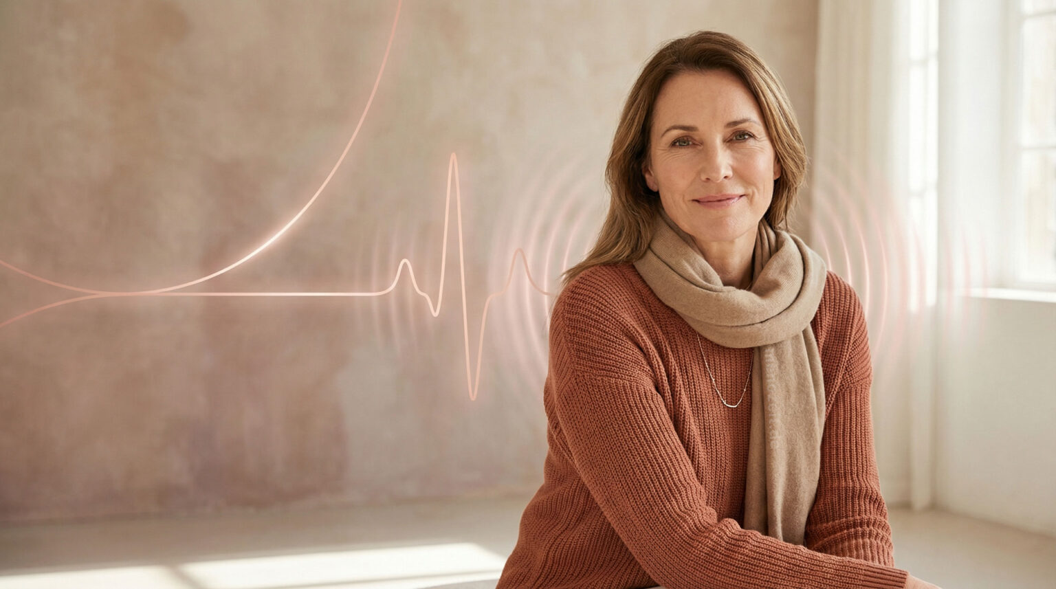 start Frau mit Herzrasen in den Wechseljahren sitzt ruhig vor grafischem Linienmotiv