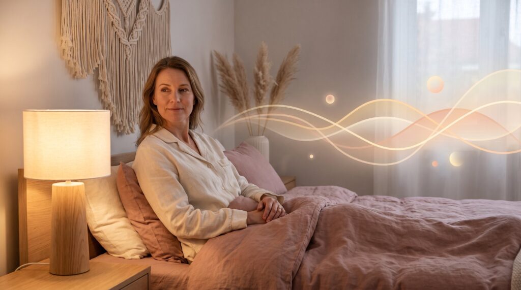 Frau um 50 sitzt nachts wach im Bett neben einer warmen Nachttischlampe – Melatonin und Schlaf in den Wechseljahren