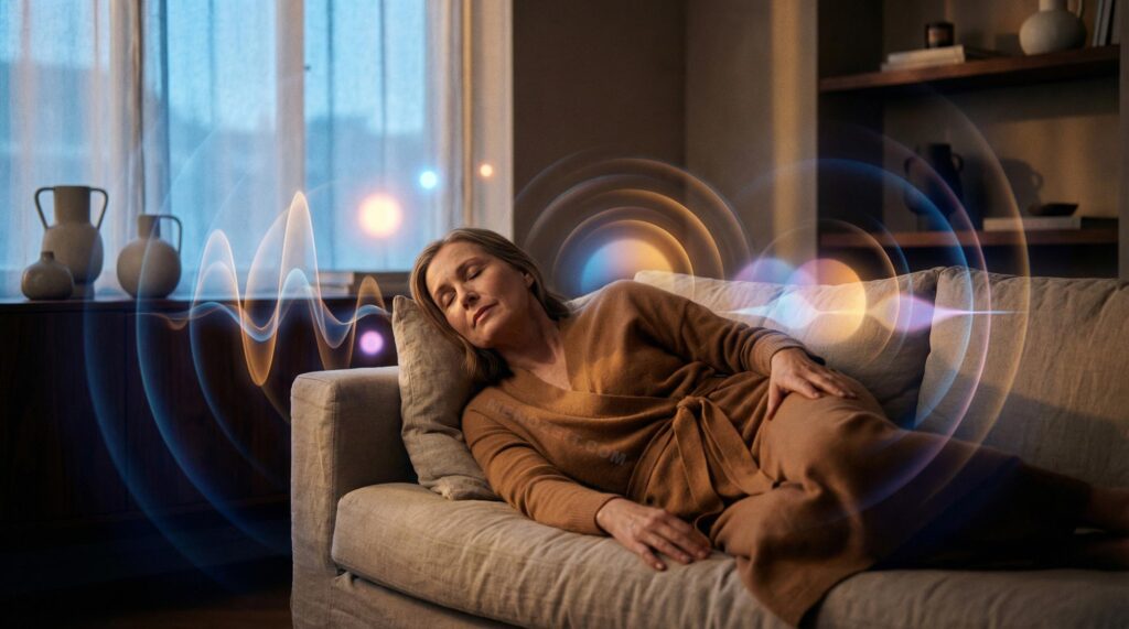 Frau in den Wechseljahren liegt entspannt auf dem Sofa – Schlafstörungen und innere Unruhe in der Menopause