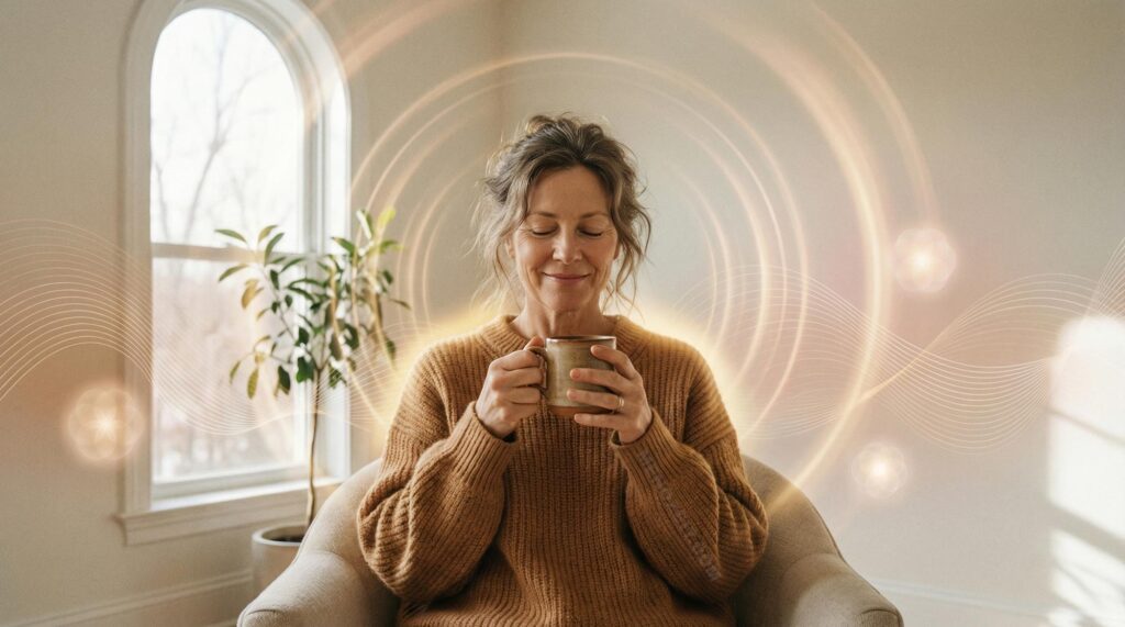 start Frau genießt achtsam eine Tasse Tee – Selbstfürsorge in der Menopause