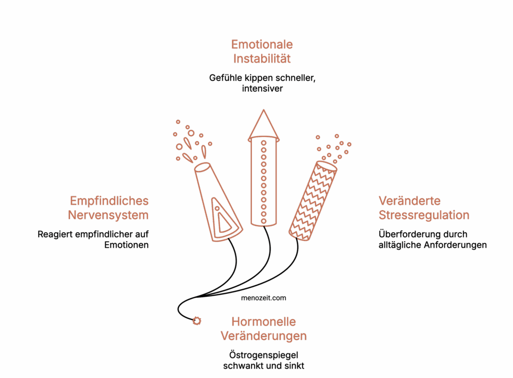 Grafisches Schaubild, das zeigt, wie hormonelle Veränderungen in den Wechseljahren emotionale Instabilität, ein empfindlicheres Nervensystem und eine veränderte Stressregulation beeinflussen.