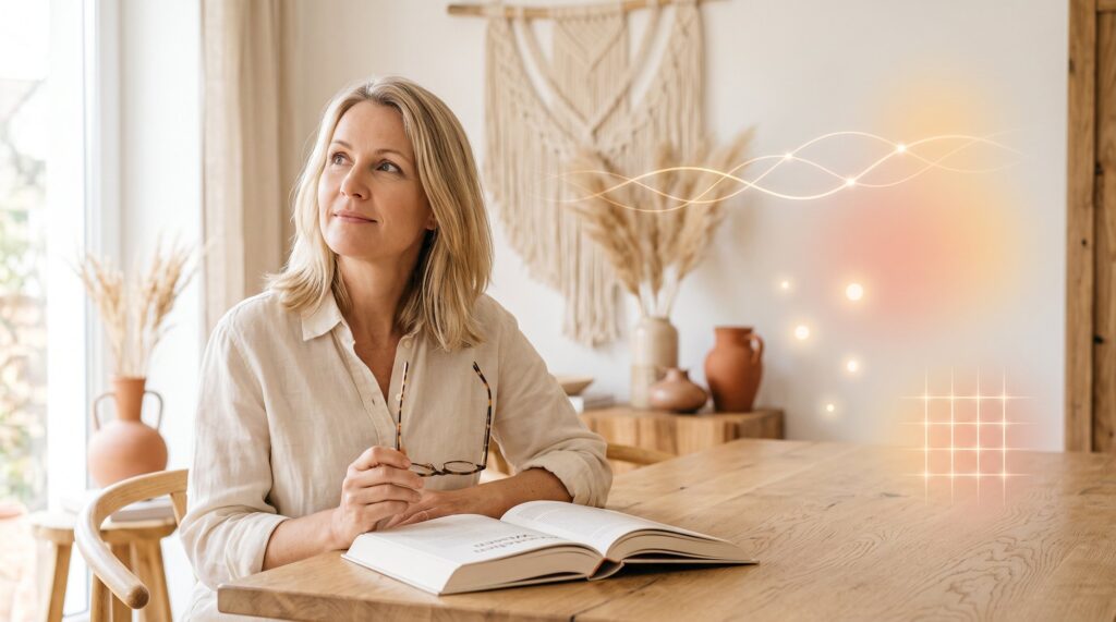 Frau um 50 liest mit Lesebrille ein Buch am Tisch – Wechseljahre-Lexikon medizinischer Begriffe