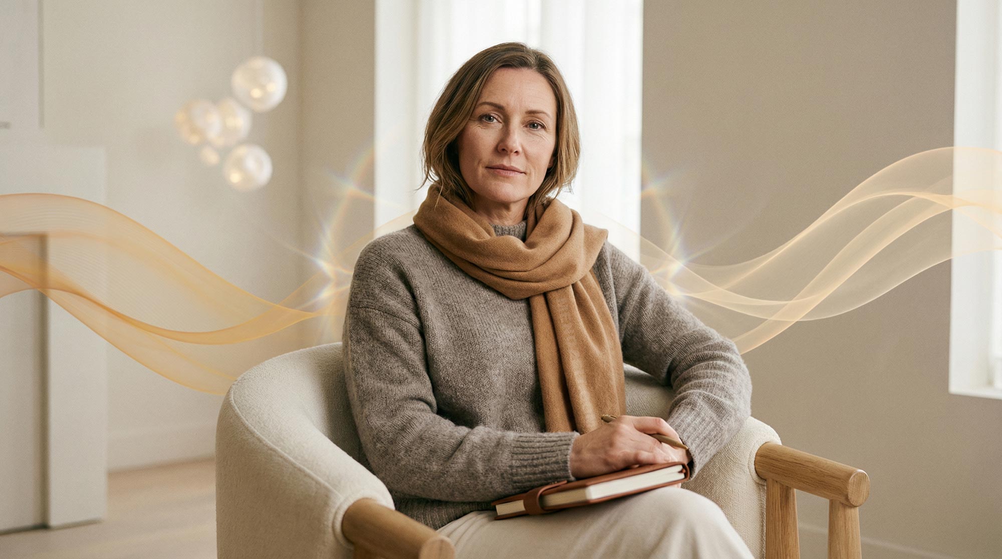 Frau sitzt nachdenklich mit Journal – Wechseljahre-Selbsttest zur Selbstreflexion